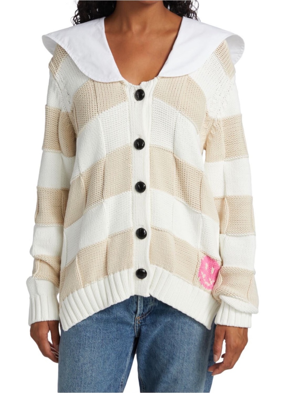 GANNI Checked Knit Cardigan with Layered White Collar – Beige – Size L